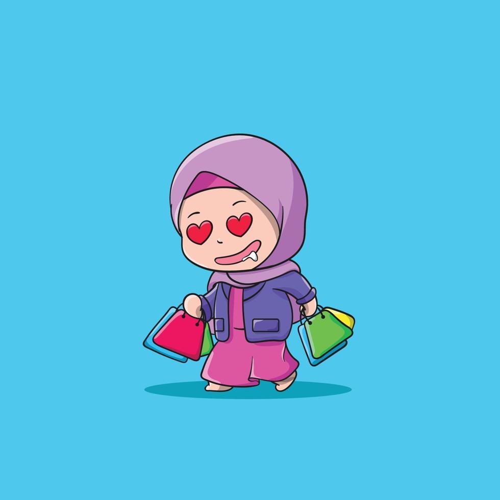 sonriente niña musulmana para un día de compras vector