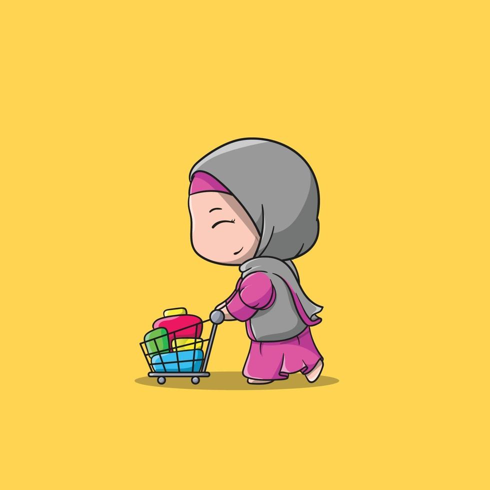 caricatura, niña musulmana, empujar, carro, carro, plano, caricatura, estilo vector
