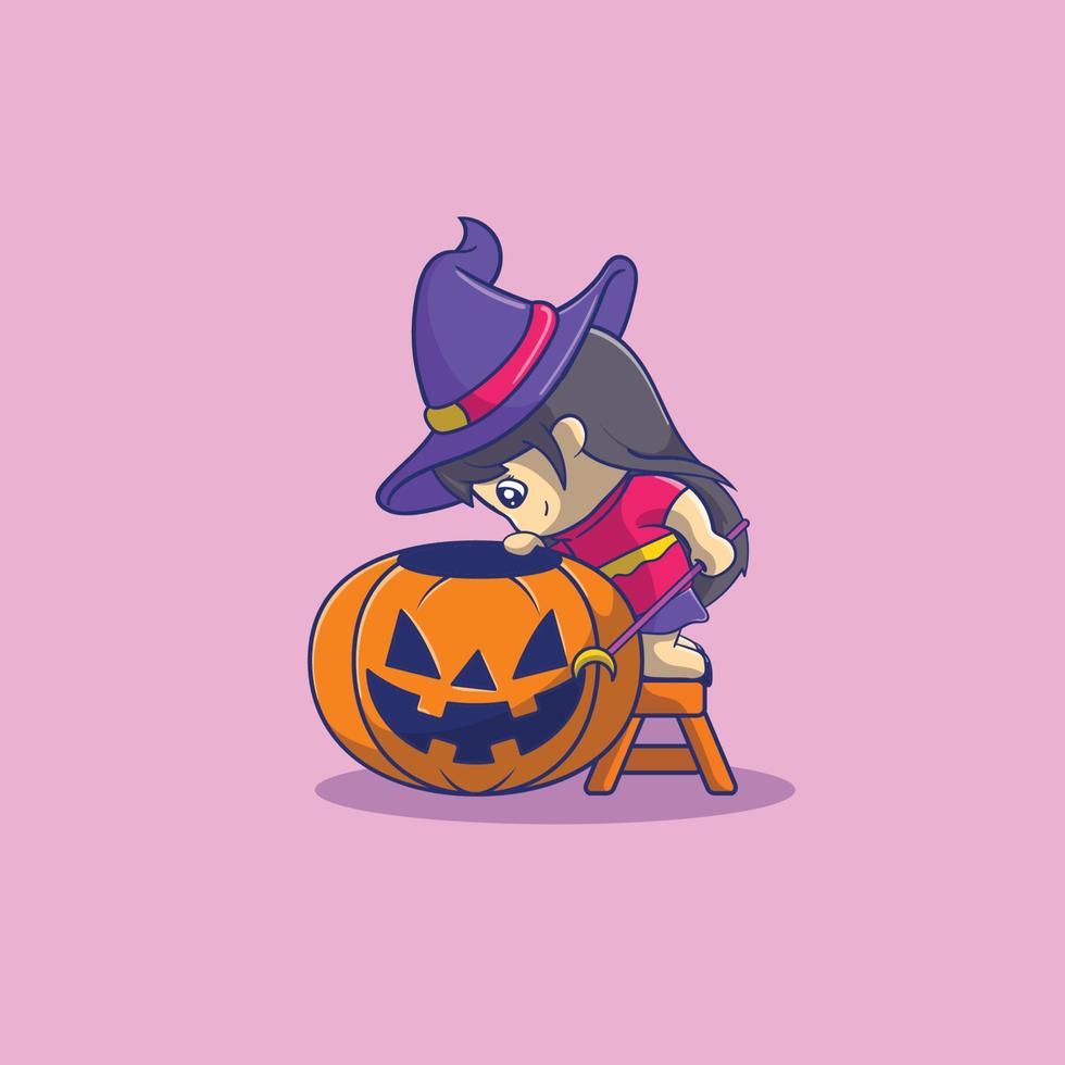 female wizard looking on the pumpkins halloween vector