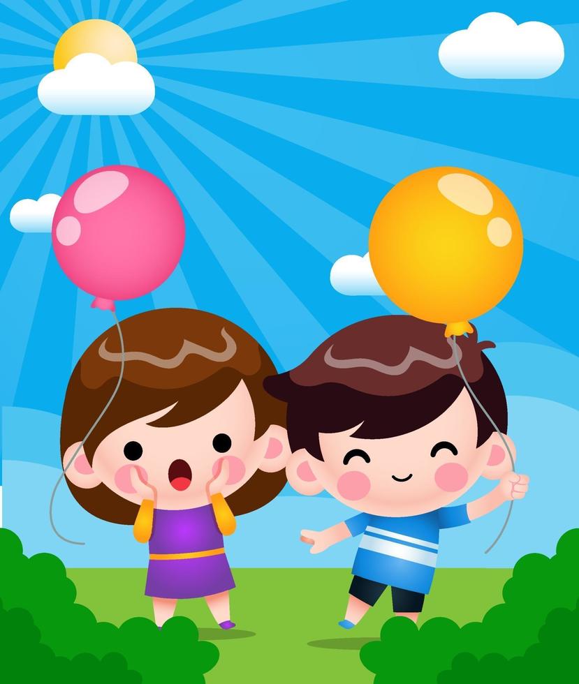 felices lindos niños jugando con globos en el jardín de dibujos animados  3435122 Vector en Vecteezy