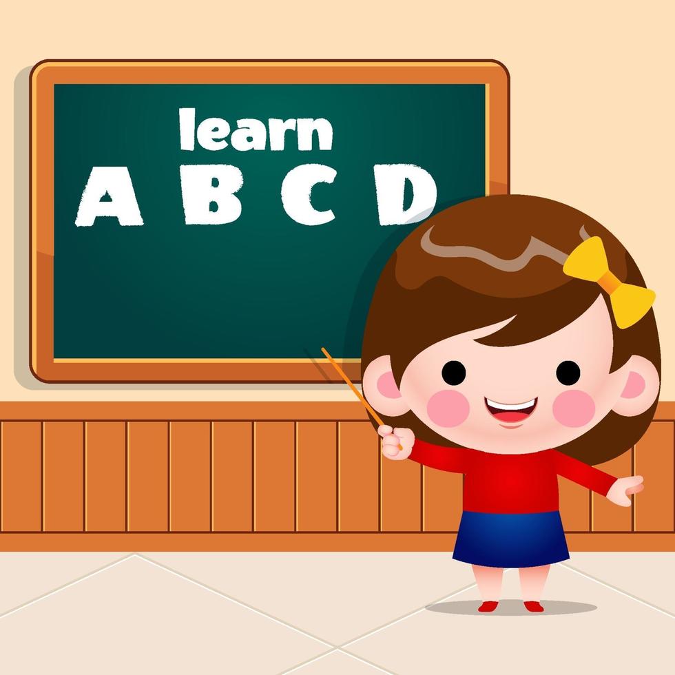 Cute little girl teaching alphabet standing in front of chalk board vector