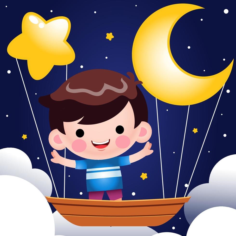 Cute little boy riding on flying boat at night Vector