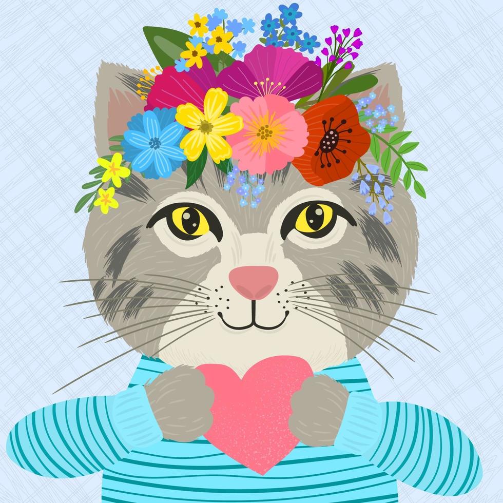 cat with flower crown and holding a paper heart vector