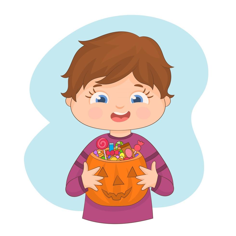 niño sosteniendo un cubo de calabaza de halloween tallado lleno de dulces vector