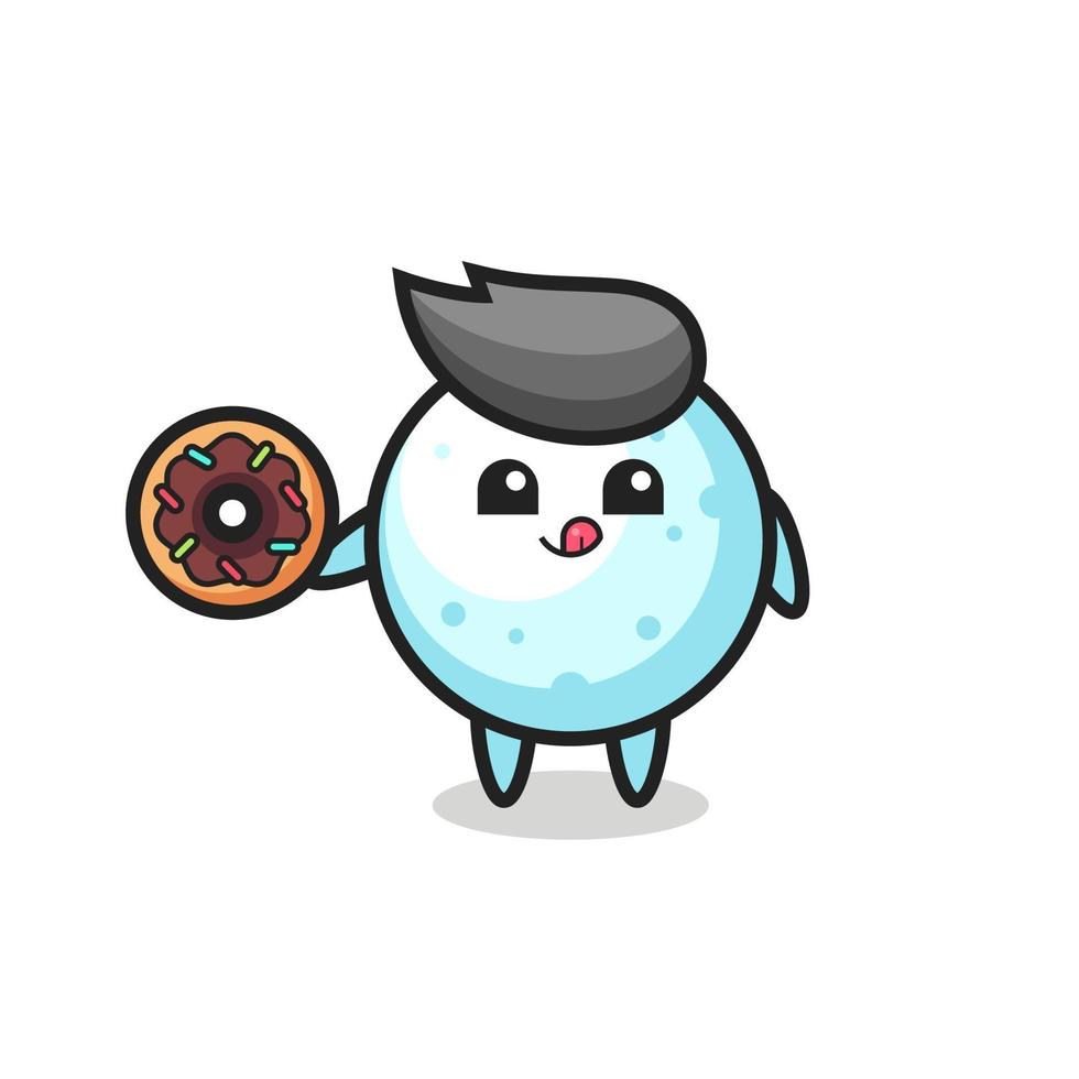 illustration of a snowball character eating a doughnut vector