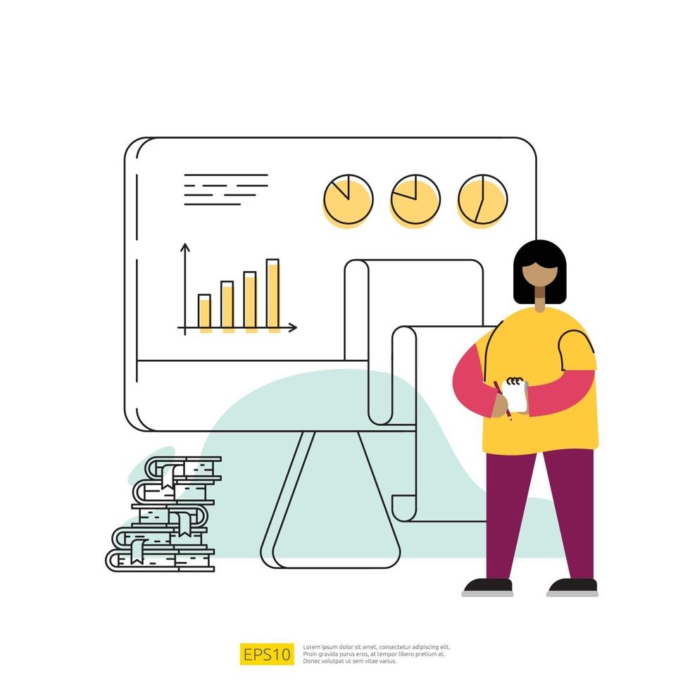 Gestión de datos e informe con gráfico en la pantalla de la PC. vector