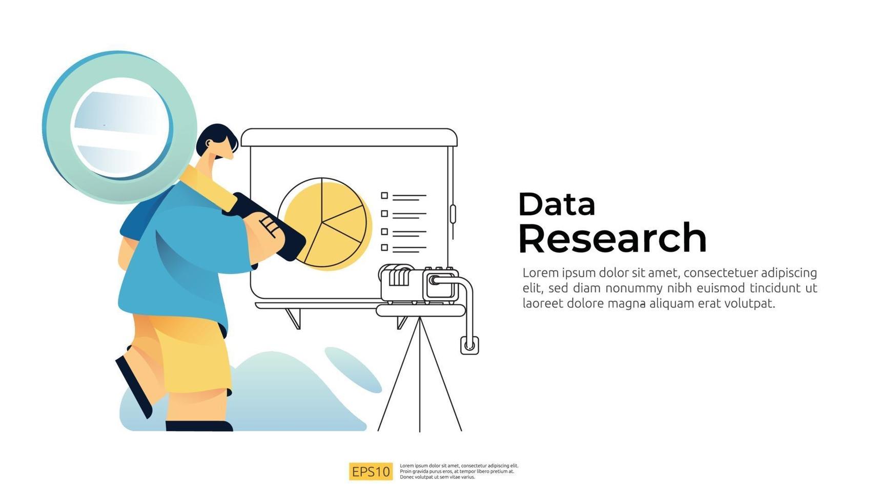 male character bring the magnifying glass with data on whiteboard vector
