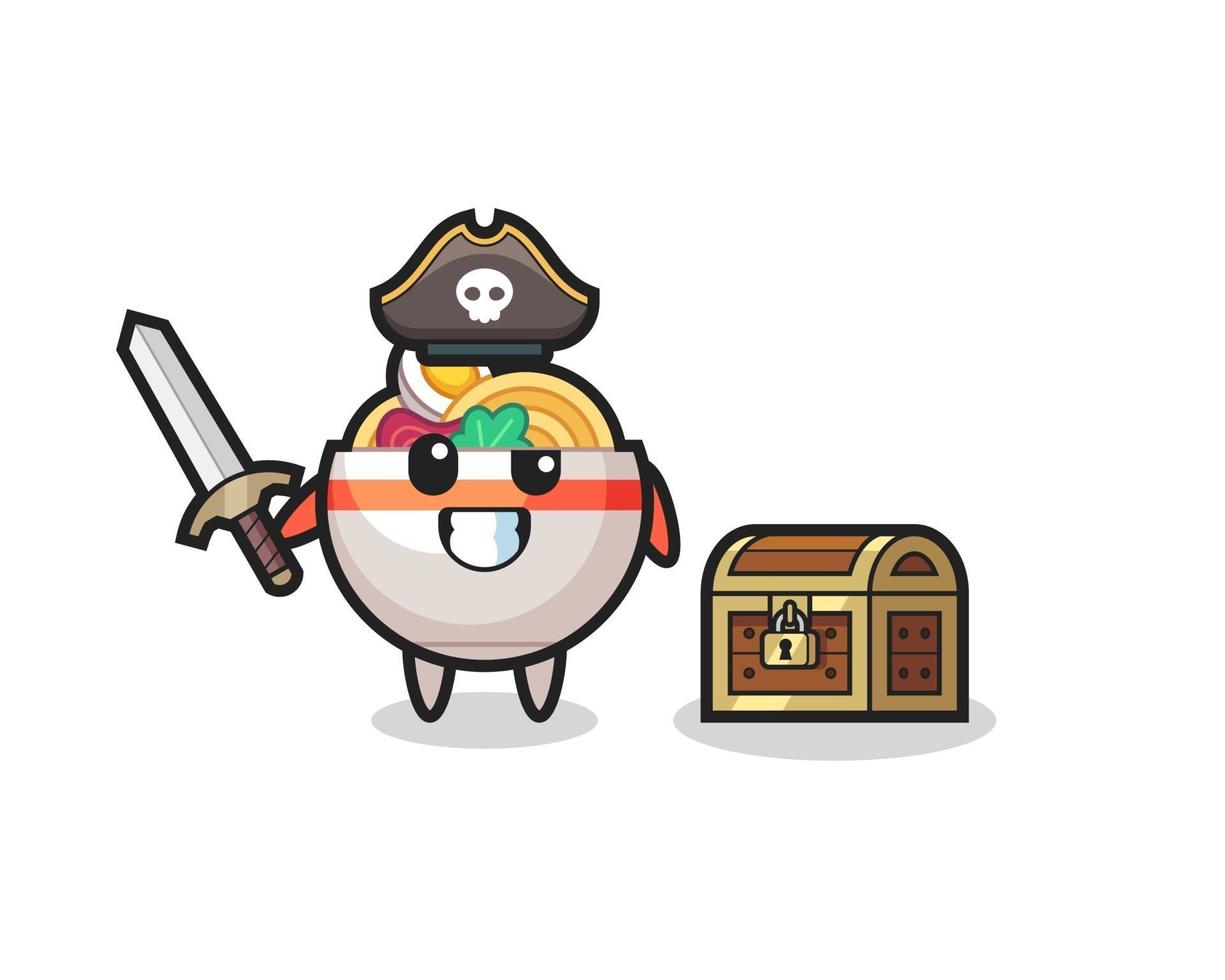 the noodle bowl pirate character holding sword beside a treasure box vector