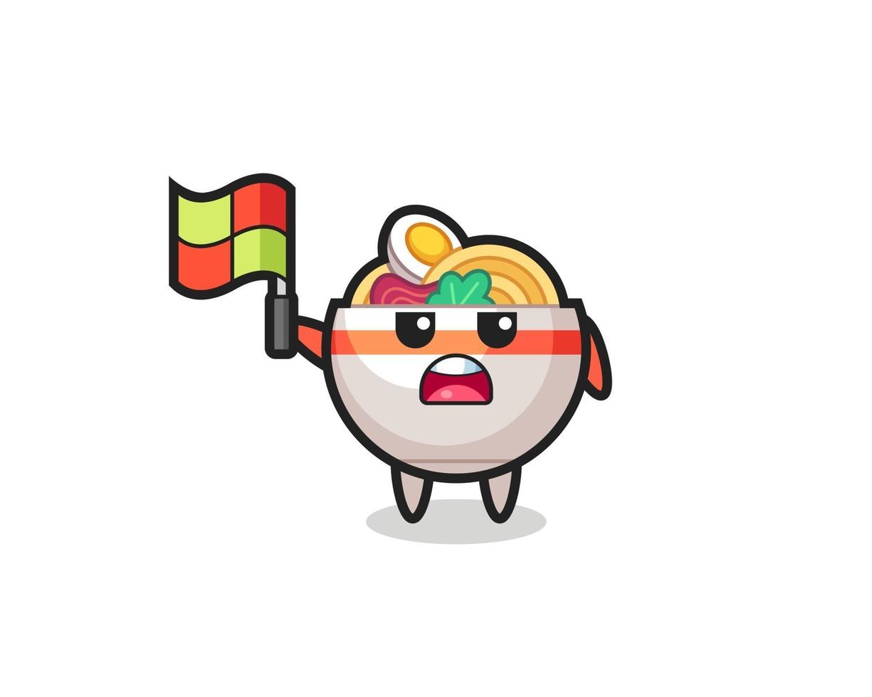 noodle bowl character as line judge putting the flag up vector