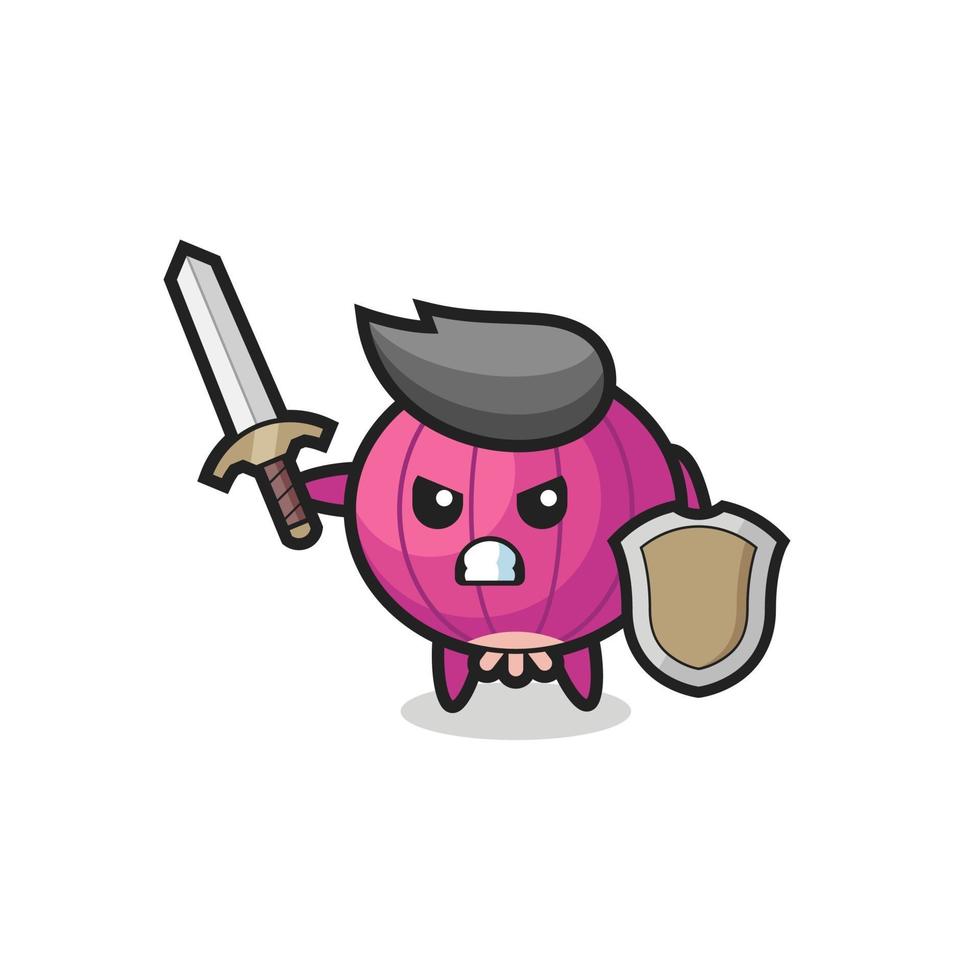 cute onion soldier fighting with sword and shield vector