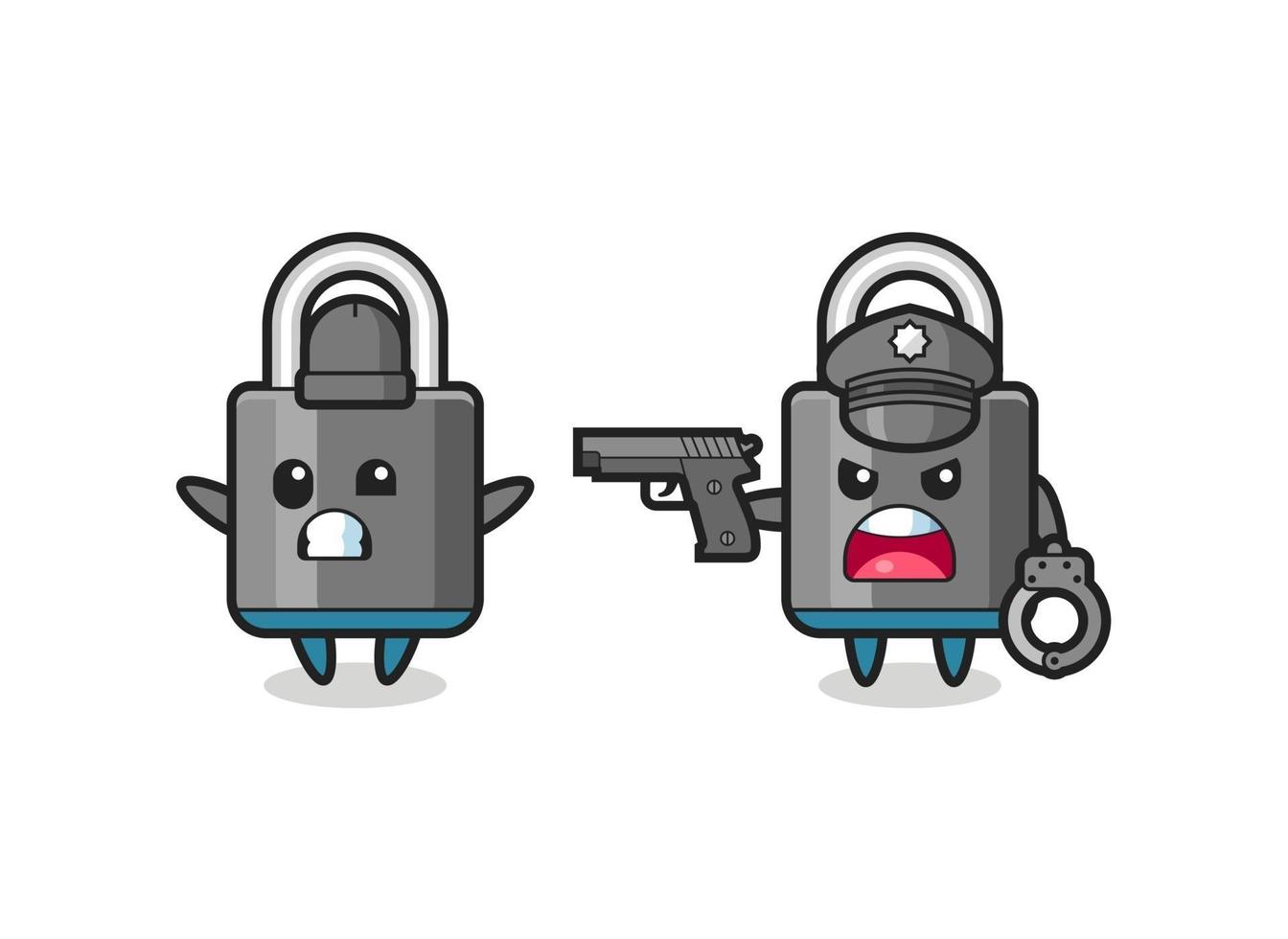 illustration of padlock robber with hands up pose caught by police vector