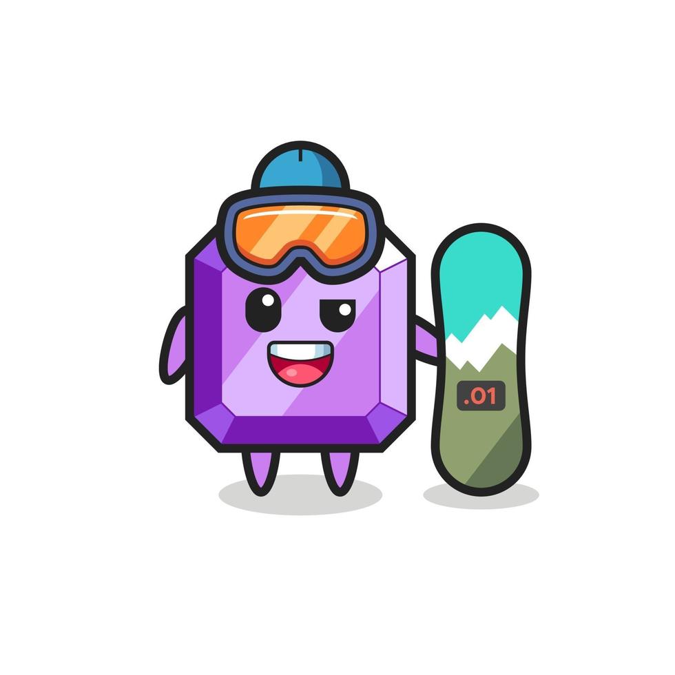 Illustration of purple gemstone character with snowboarding style vector