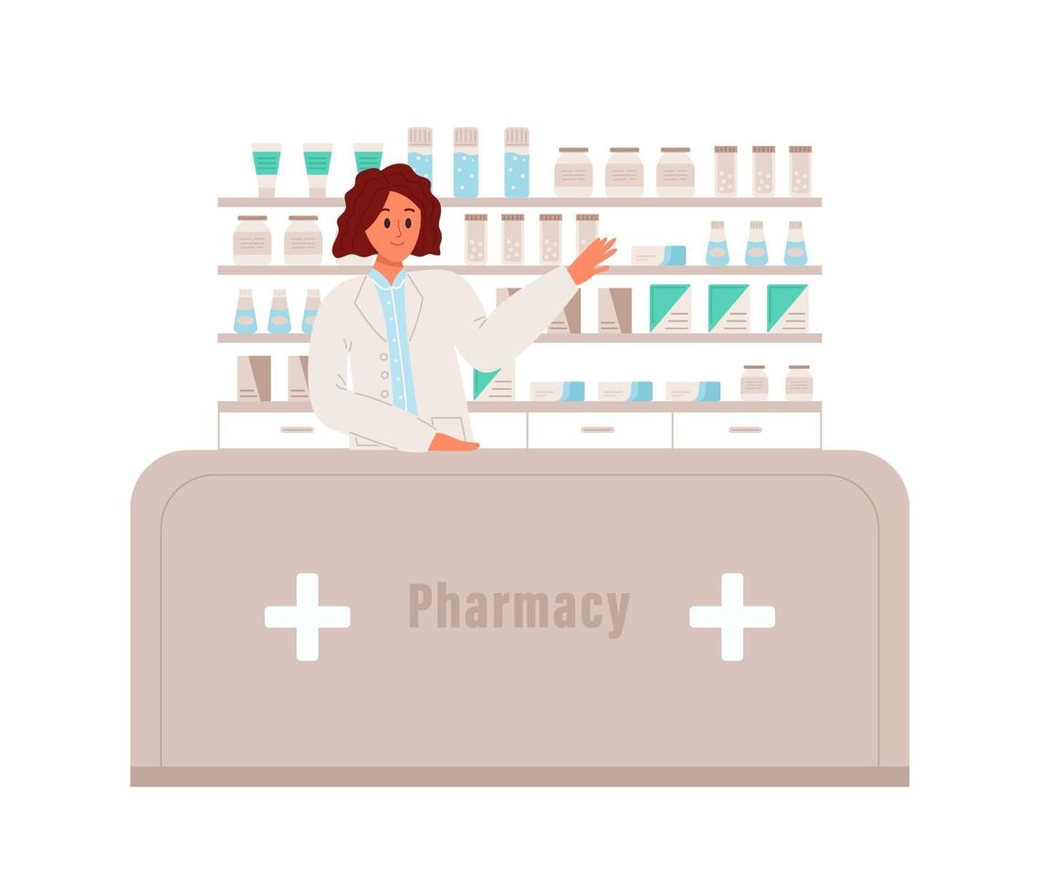 Pharmacist stands and points to the medication vector