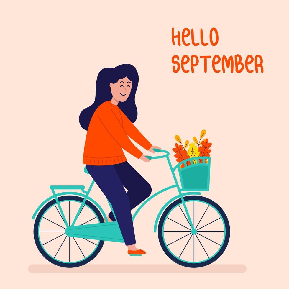 Happy girl rides a bike. Hello September. vector