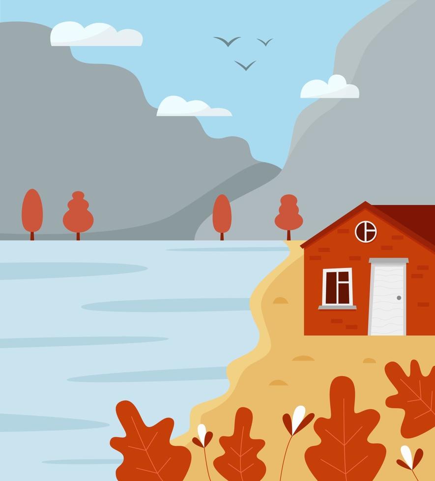 Autumn landscape with mountains, lake and house vector