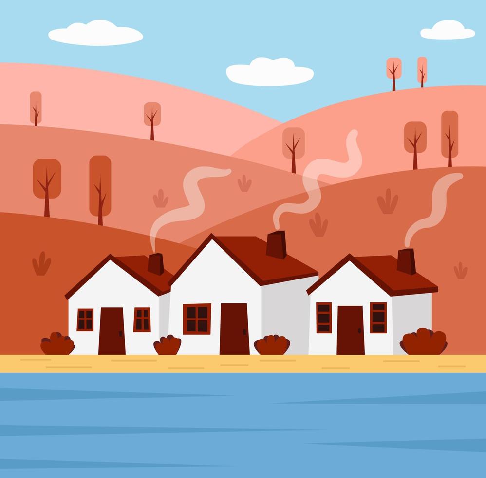 Autumn landscape with hills and houses vector