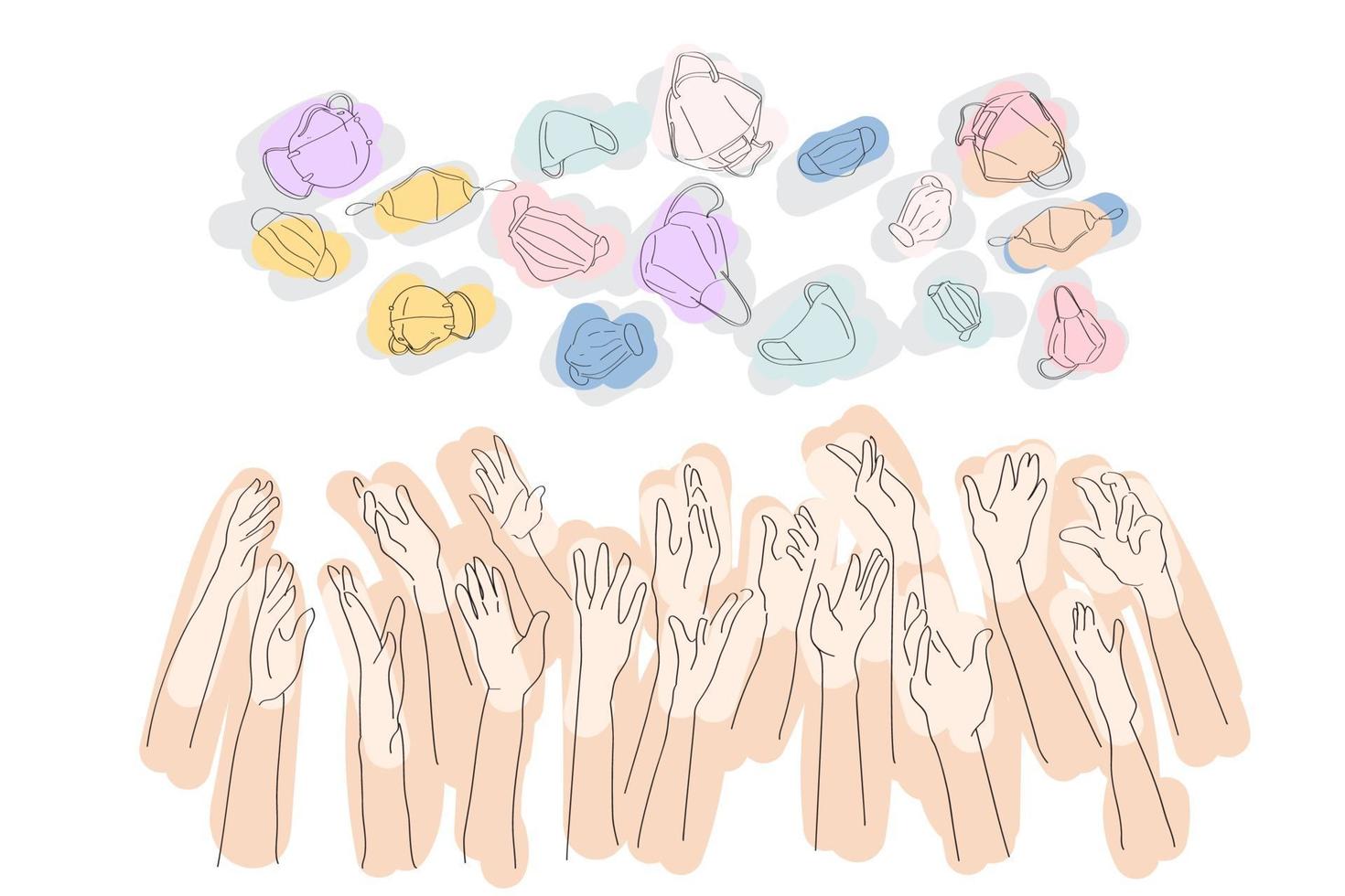 SIGN of herd immunity of crowd people throw their mask on the sky vector