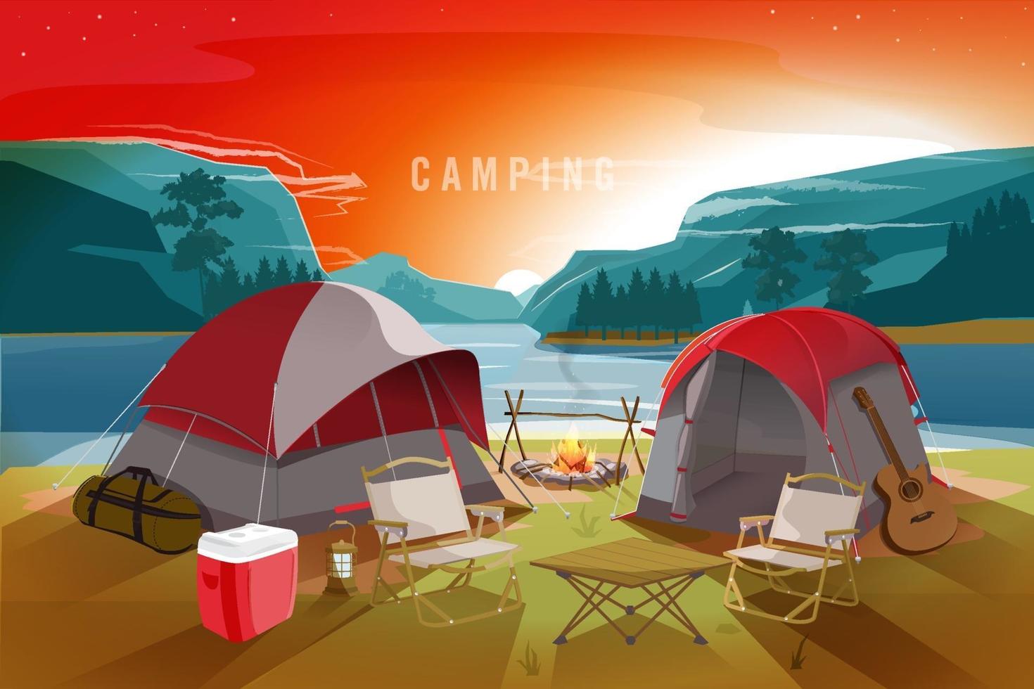 Escena de campamento cerca del lago y la montaña al amanecer. vector