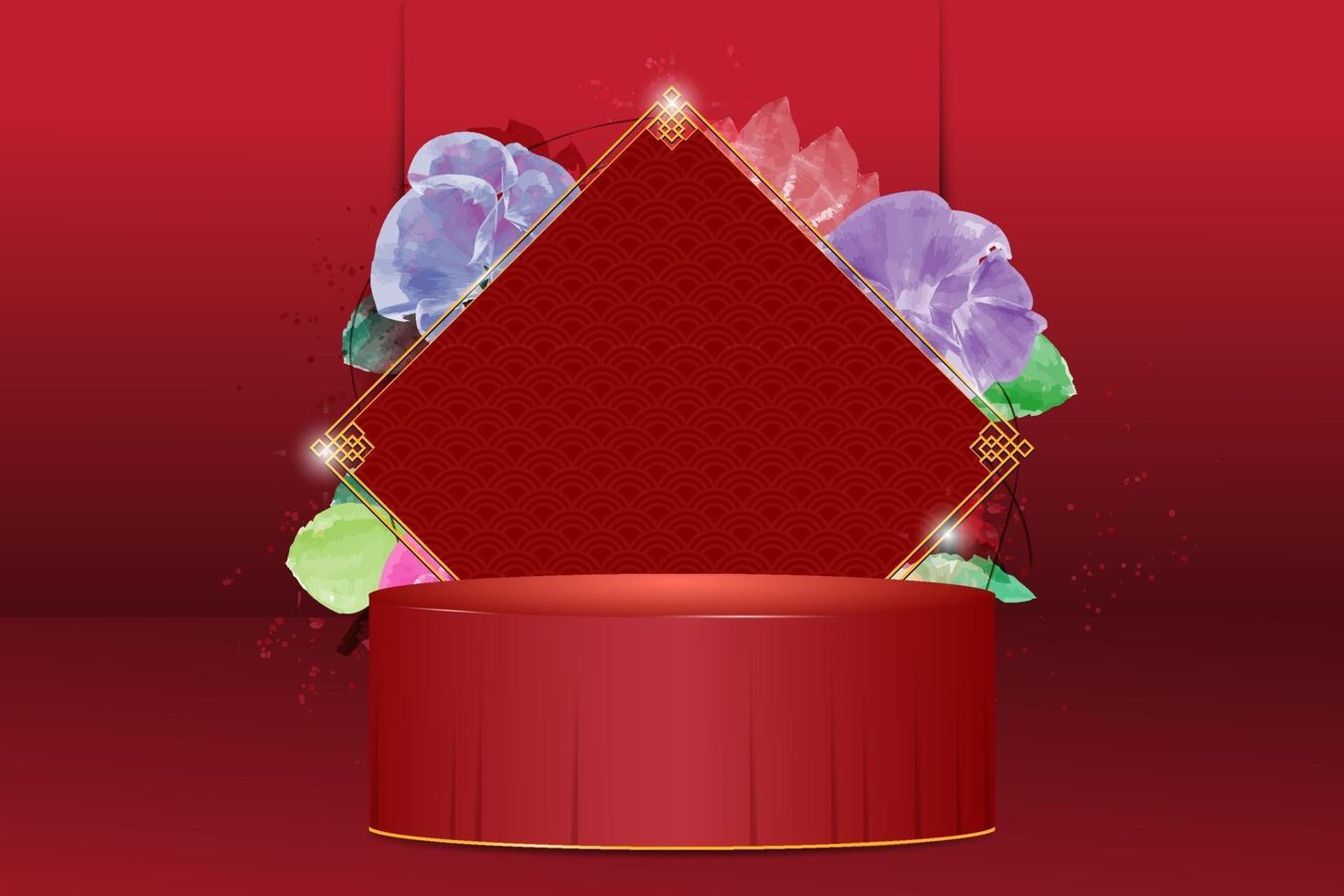 chinese stand or podium on the red stage with flower watercolor vector