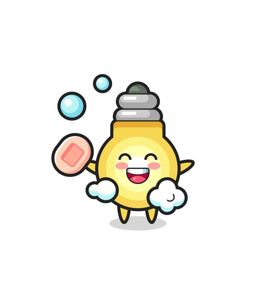 light bulb character is bathing while holding soap vector