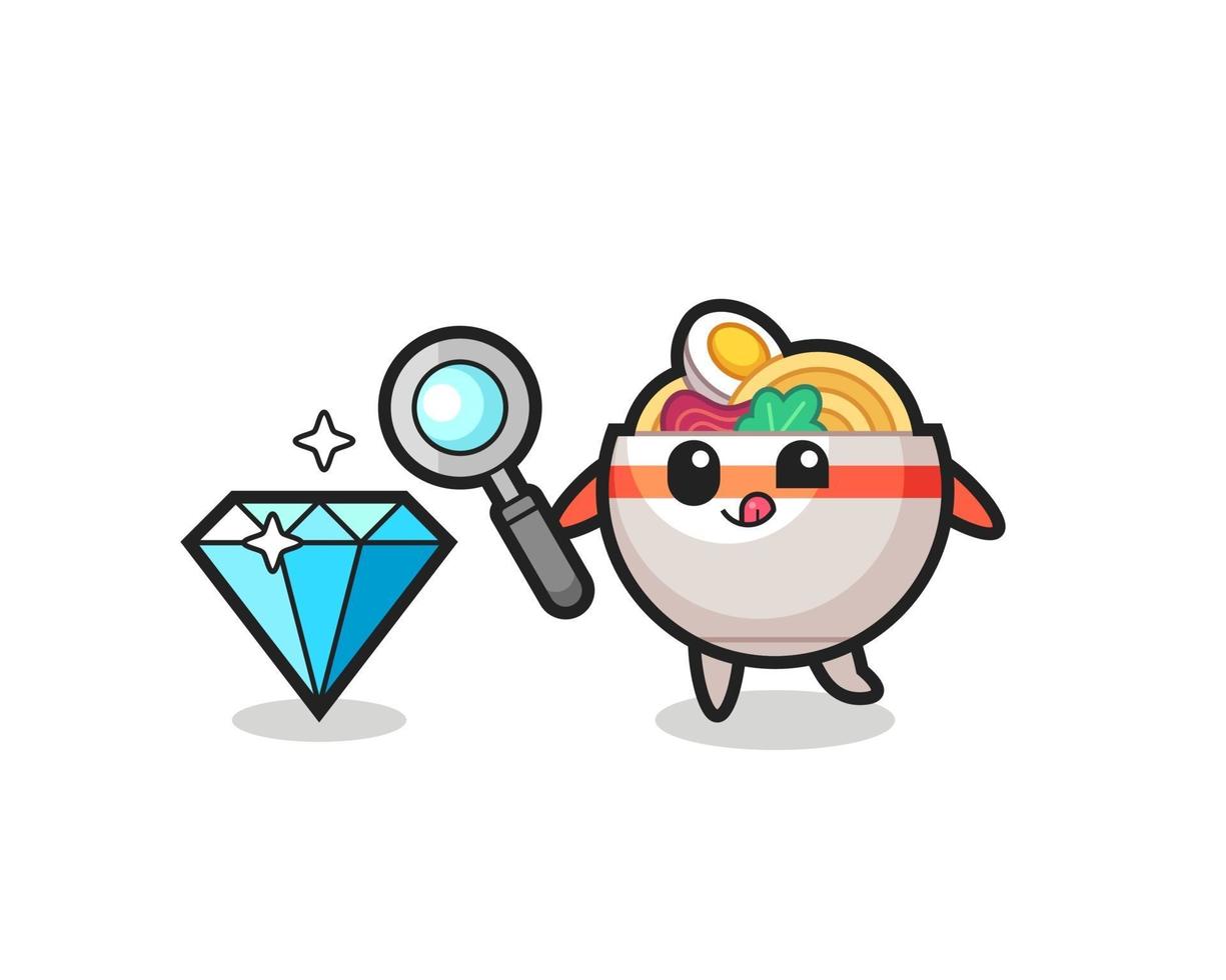 noodle bowl mascot is checking the authenticity of a diamond vector