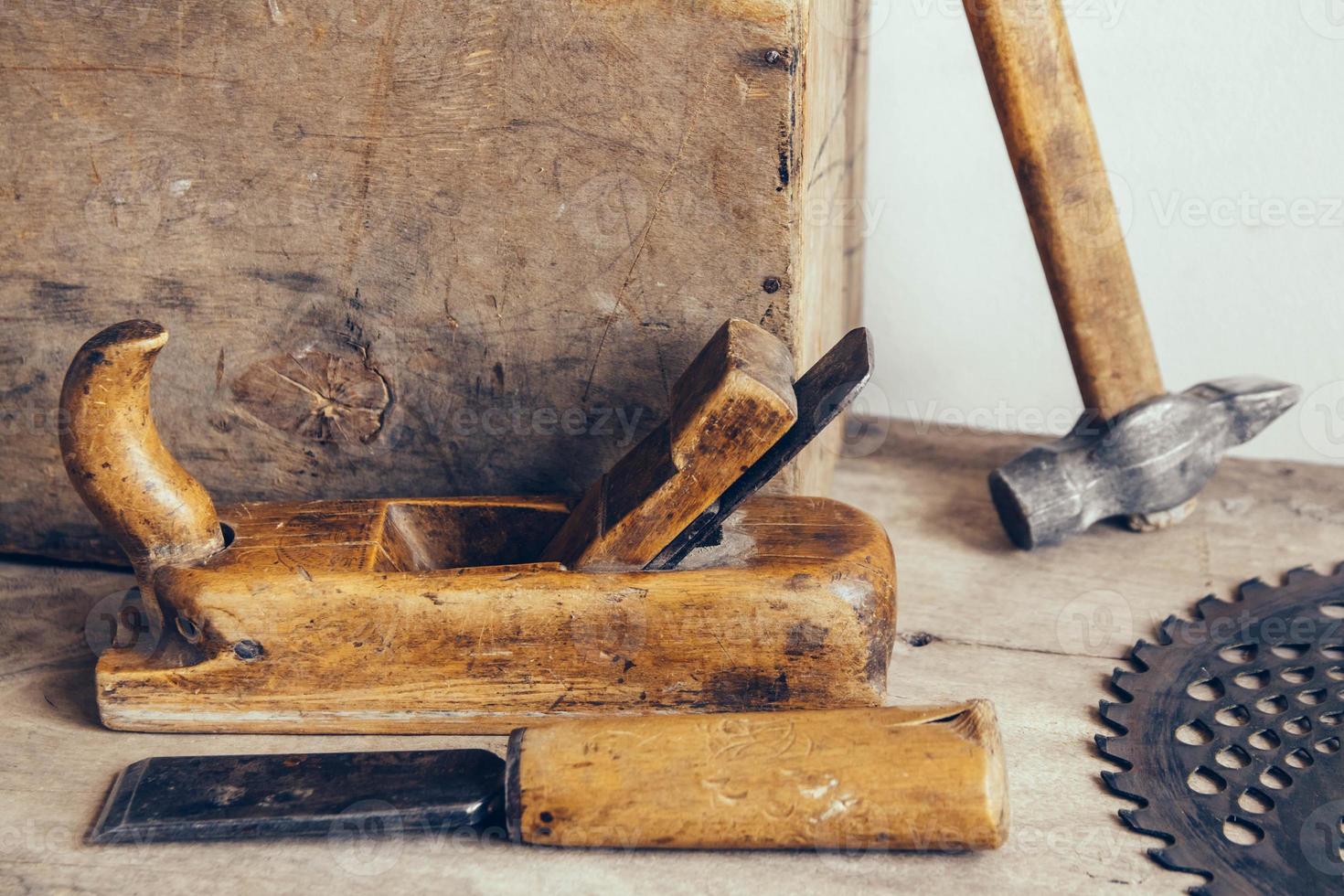 Set of carpenters tool at carpenters workshop photo