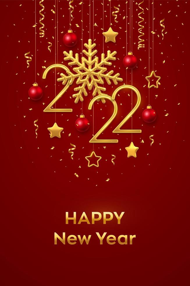 Happy New 2022 Year. Hanging Golden metallic numbers 2022 vector