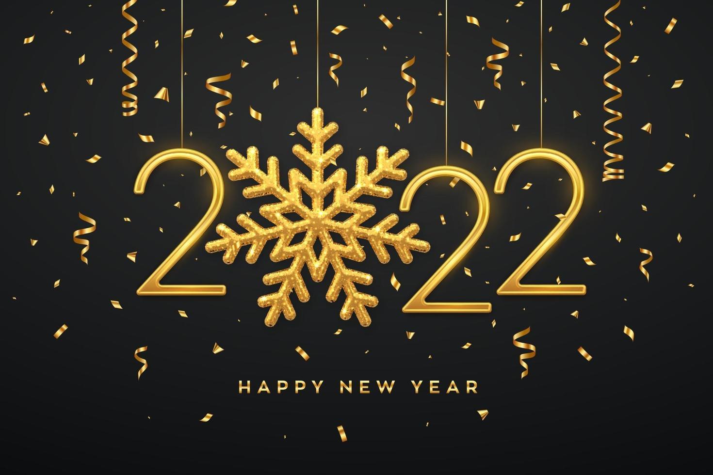 Happy New 2022 Year. Hanging Golden metallic numbers 2022 vector