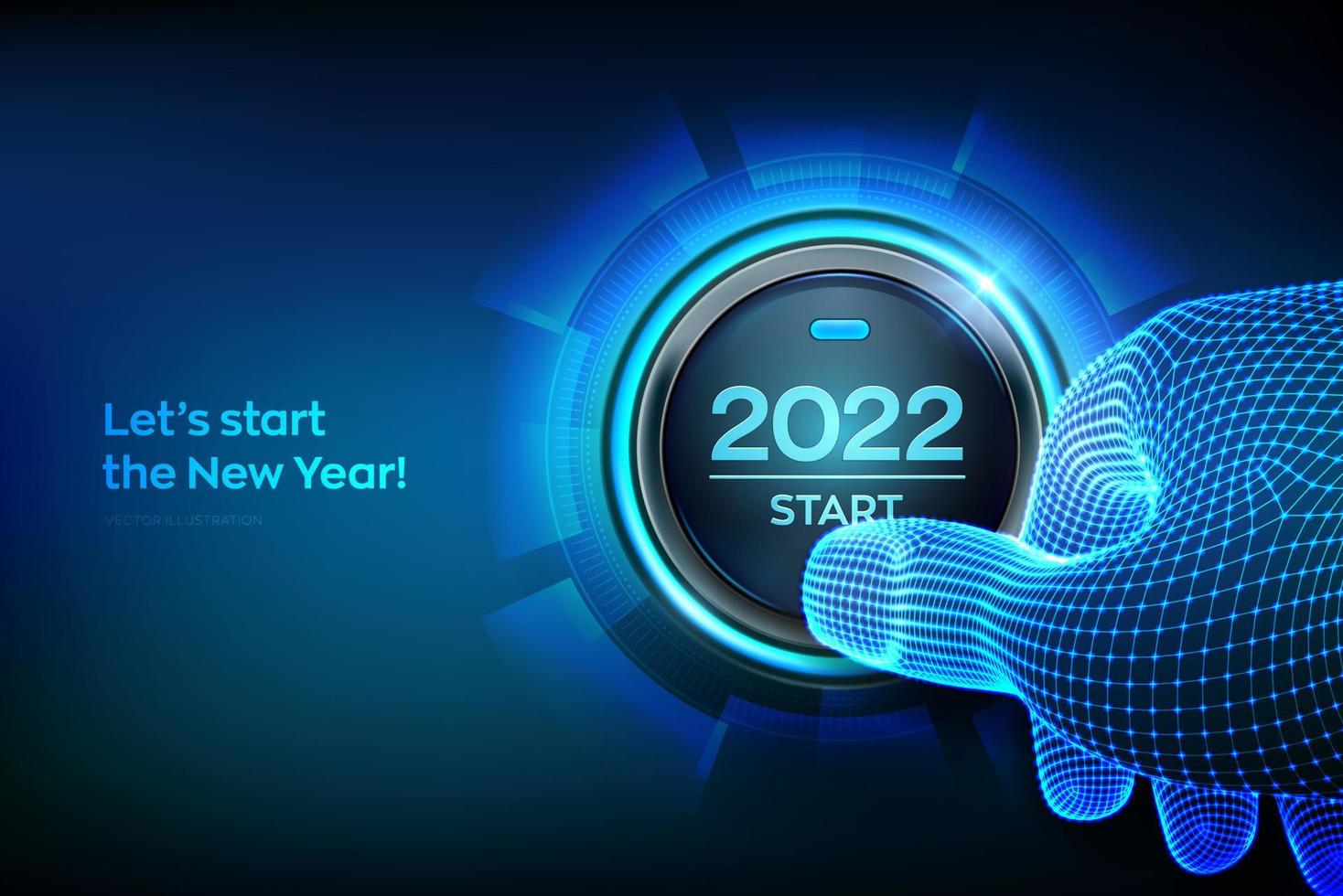 2022 start. Finger about to press a button with the text 2022 start. vector