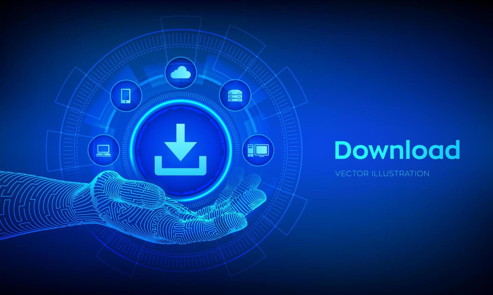 descargar icono en mano robótica. almacenamiento de datos de descarga en la nube. vector