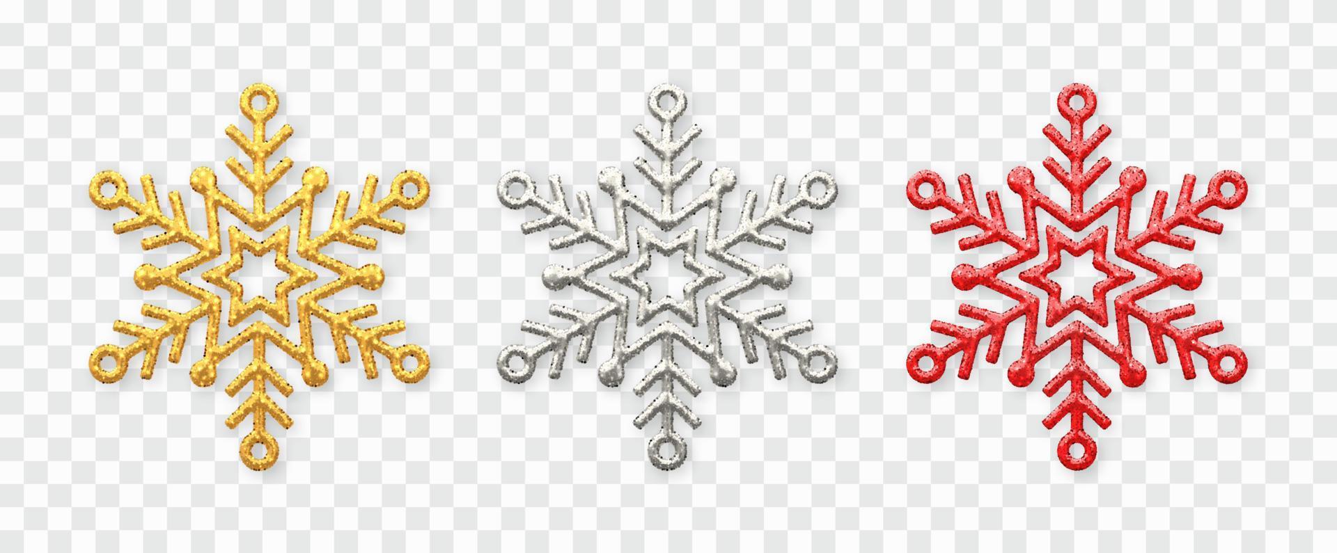 Snowflakes set. Sparkling golden, silver and red sowflakes. vector