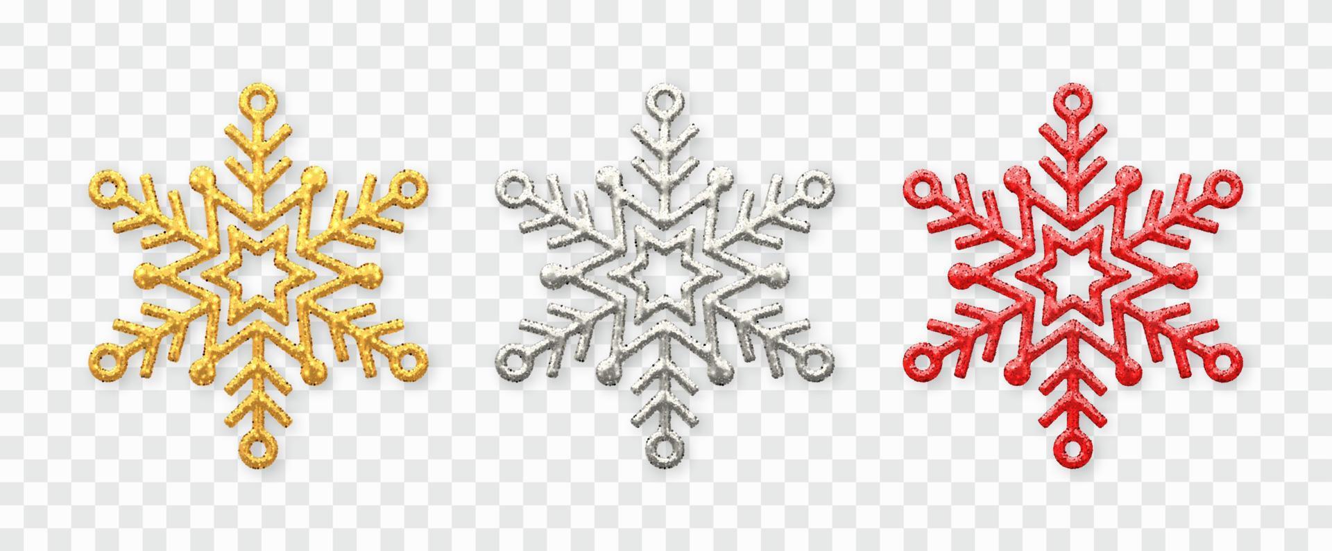 Snowflakes set. Sparkling golden, silver and red sowflakes. vector