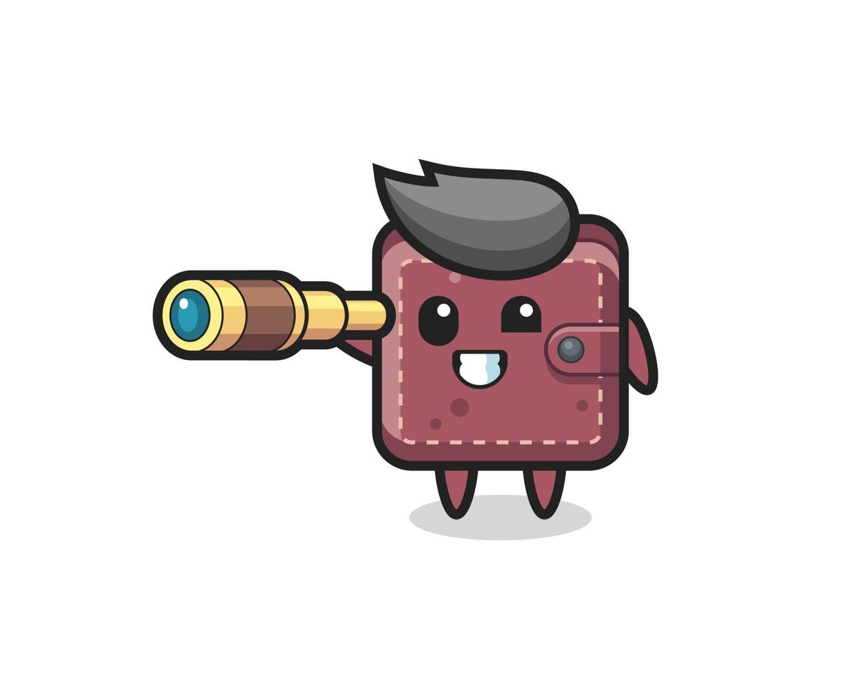 cute leather wallet character is holding an old telescope vector