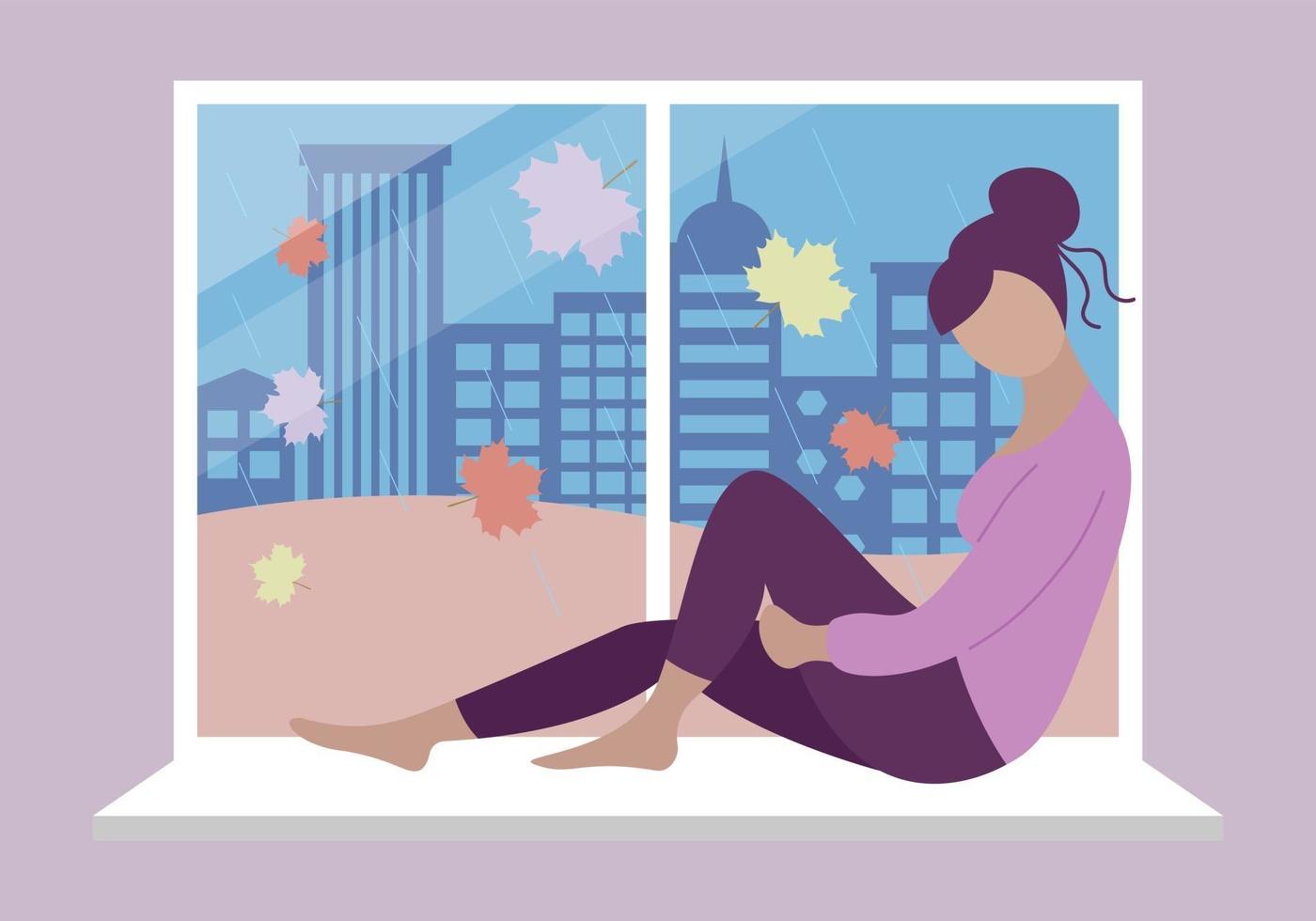 Autumn depression. Sad girl sitting at window. Rainy weather vector