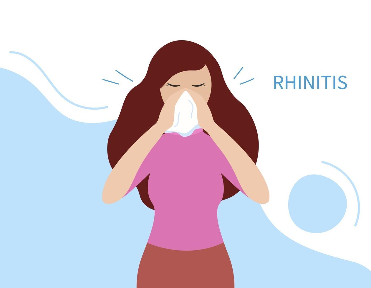 Rhinitis illness. Runny nose. Sick woman holds handkerchief vector