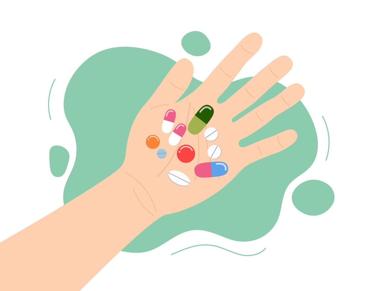 tomando pastillas. medicamentos en la mano. vista superior de la palma y medicamentos coloridos vector