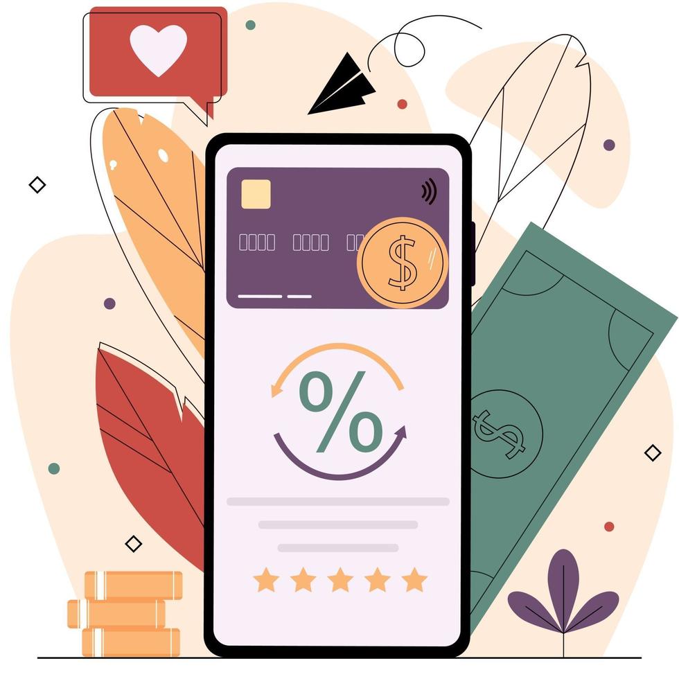 Smartphone with a bank card and coins on the screen. vector