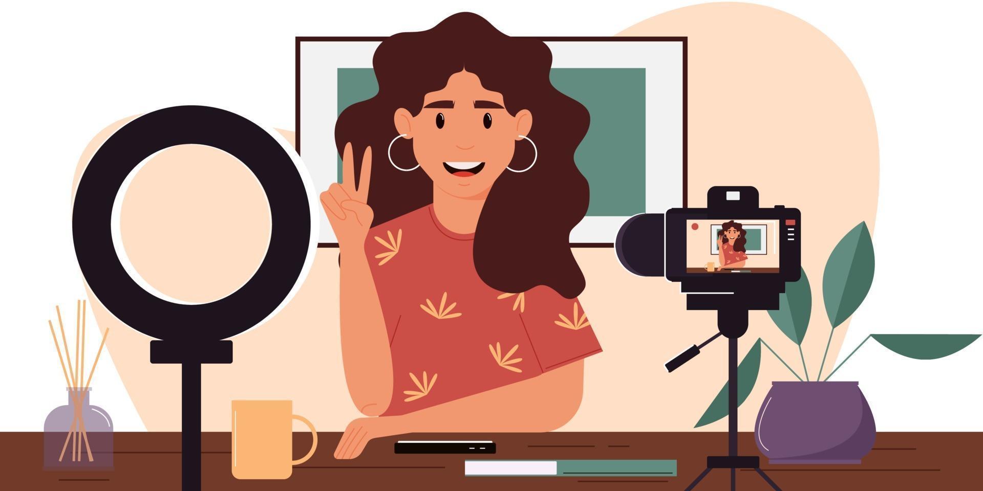 Vector character creating a video review for a blog.