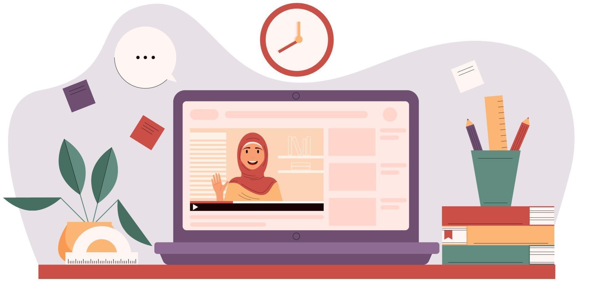 Muslim woman on the laptop screen. E-learning concept. vector
