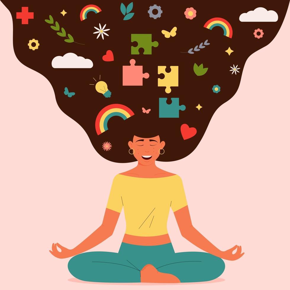 Mujer feliz meditando en posición de loto de yoga practicar yoga. vector