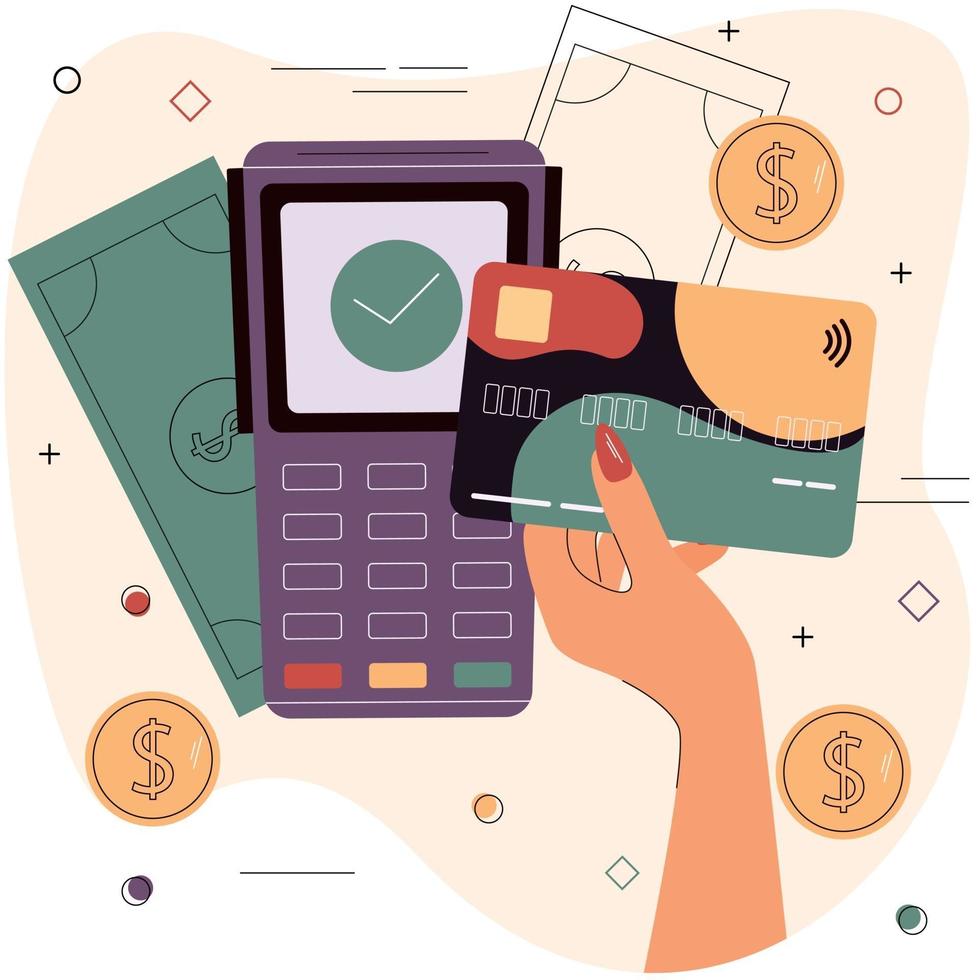 Female hand with debit or credit card in front of electronic terminal. vector