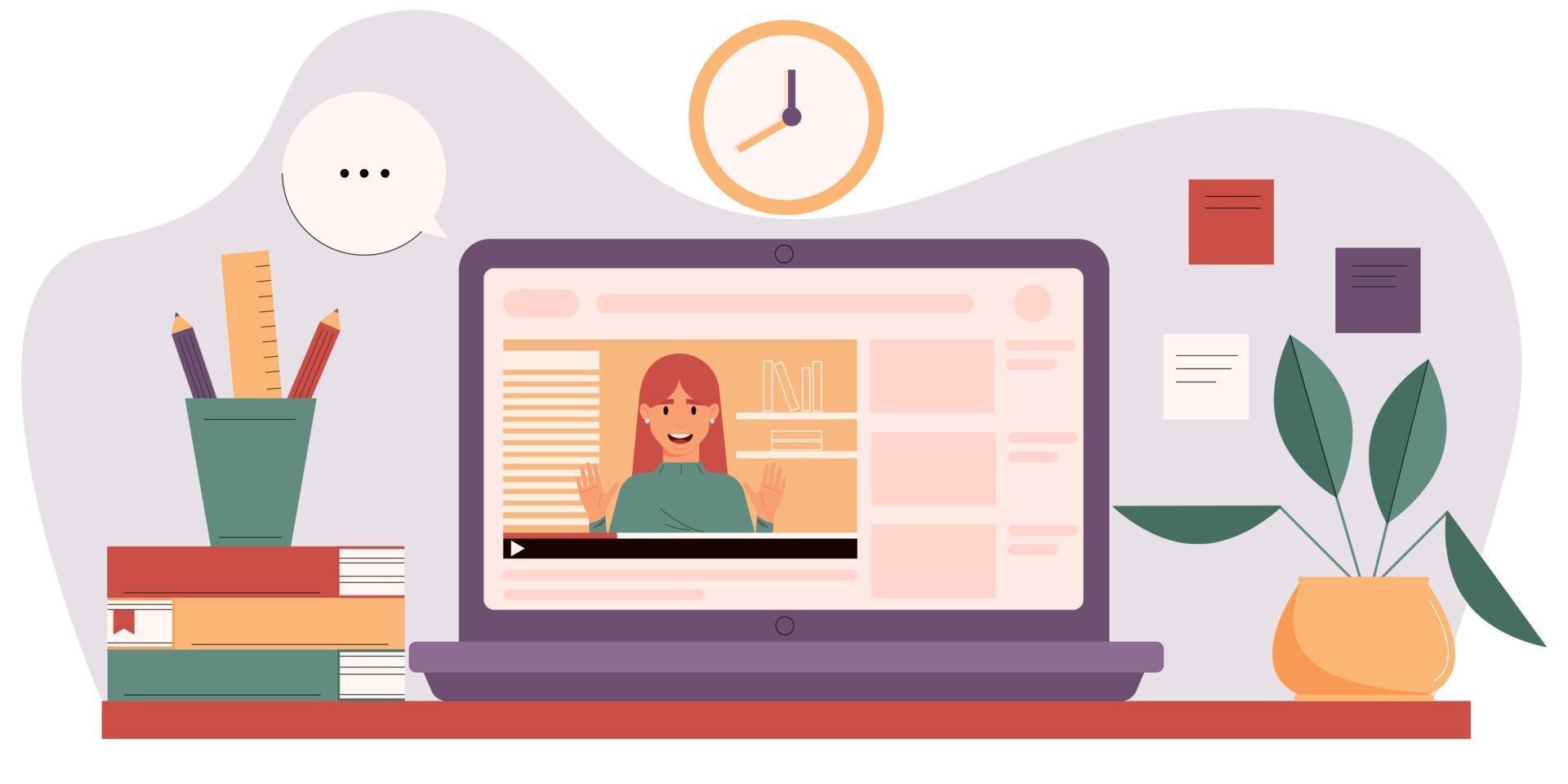 Online courses concept with mentor on laptop screen. vector
