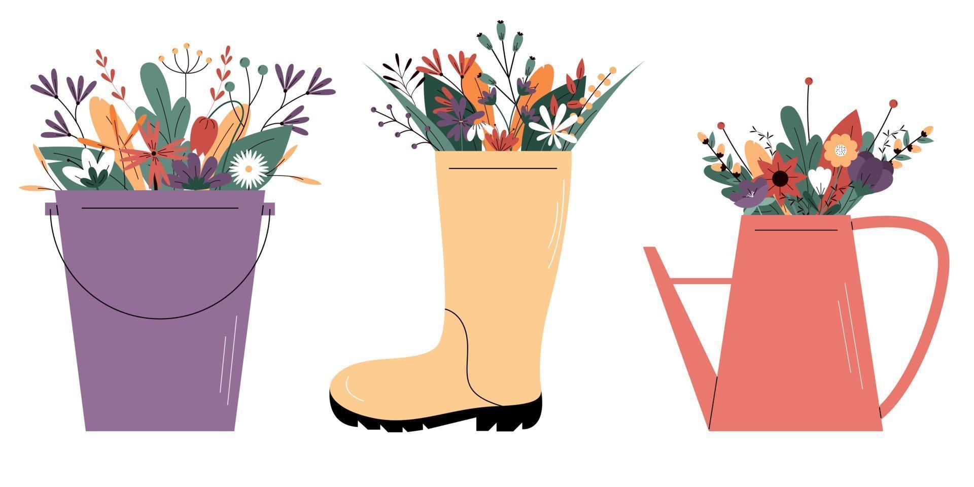 Wildflowers in a rubber boot, in a watering can and in a bucket. vector
