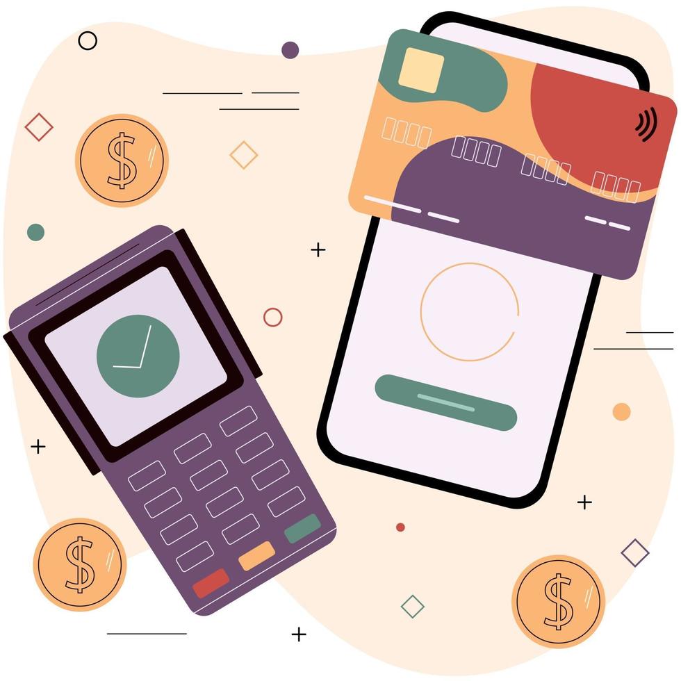 Debit or credit card and electronic payment terminal. vector