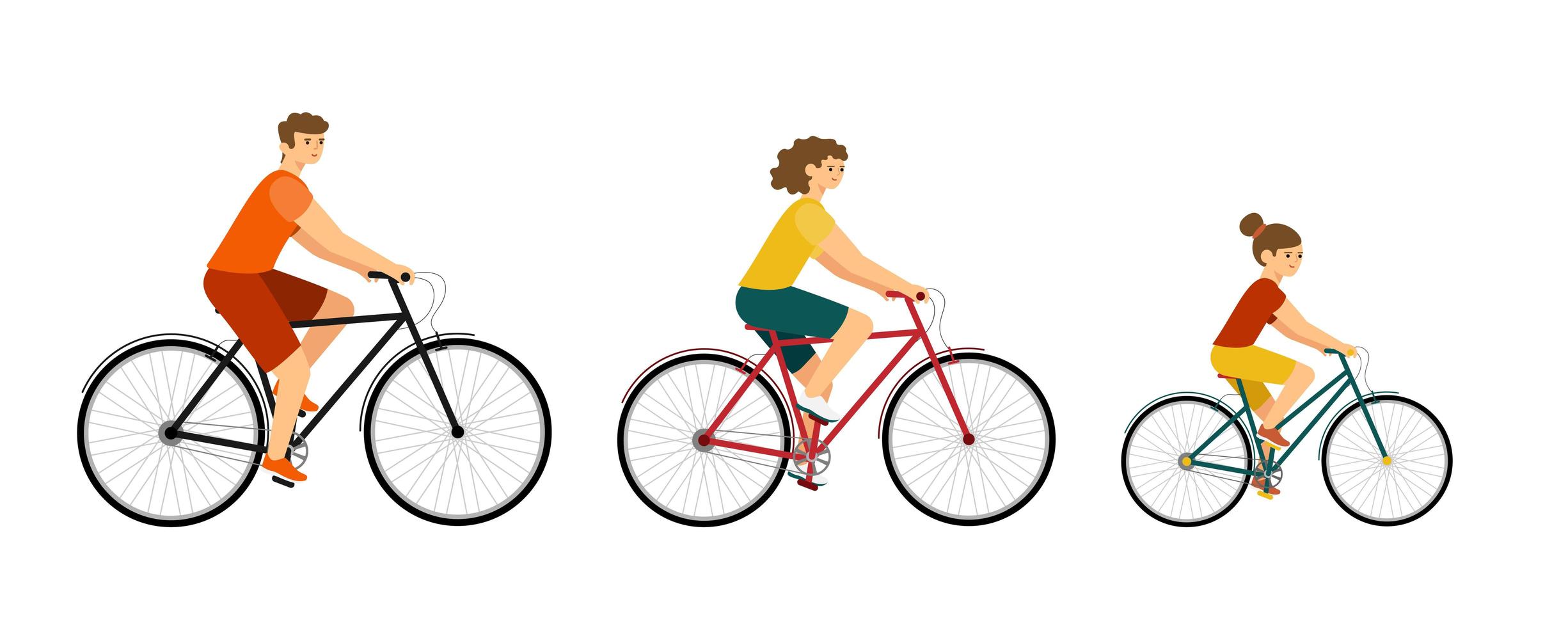 la gente anda en bicicleta por la ciudad. personajes familiares sobre fondo blanco vector