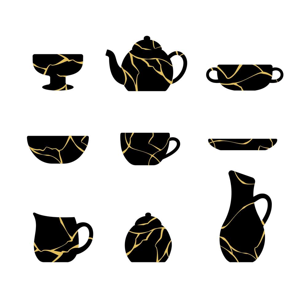 tableware set Gold kintsugi Japanese Art of Repairing vector