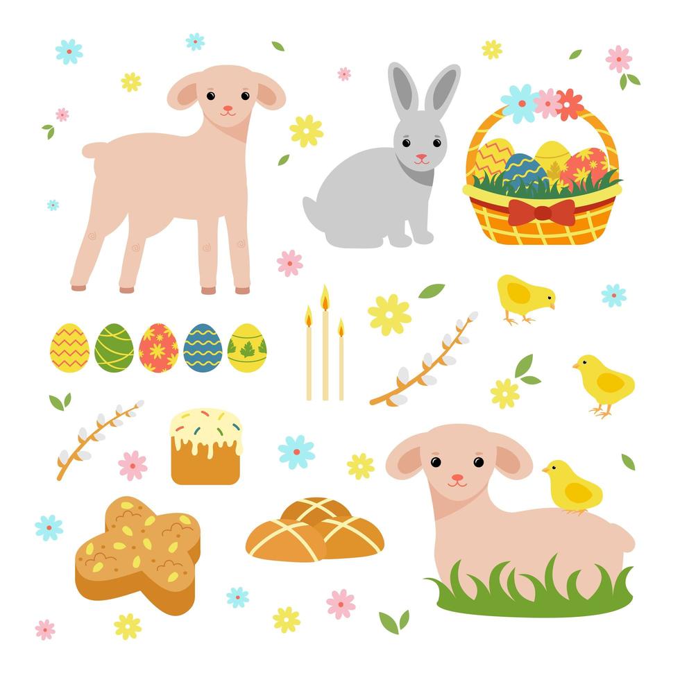 Easter spring set. Cute sheep, bunnies, eggs, willow, cakes vector