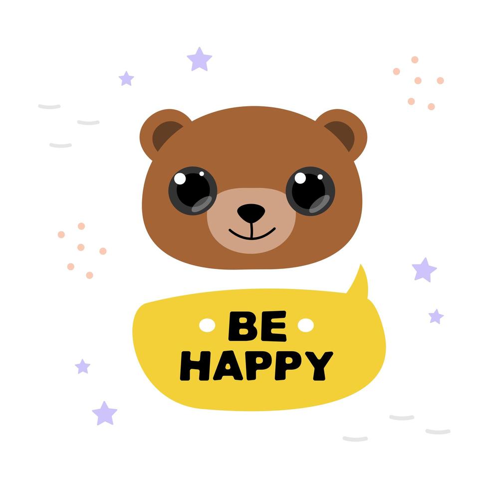 Vector illustration of bear face and lettering be happy.