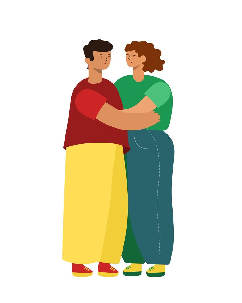 two modern people are hugging. flat vector illustration