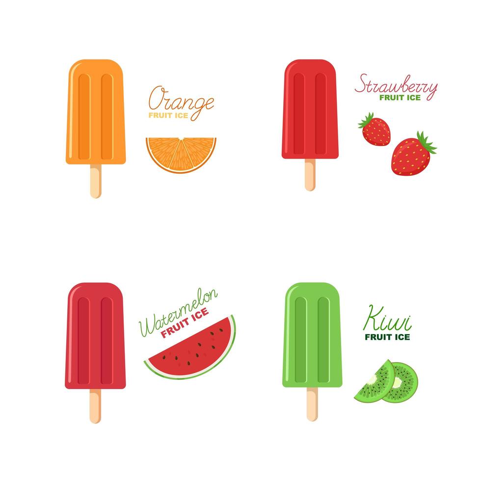 Coloque hielo de frutas. paleta de fresa, naranja, sandía en un palito. vector